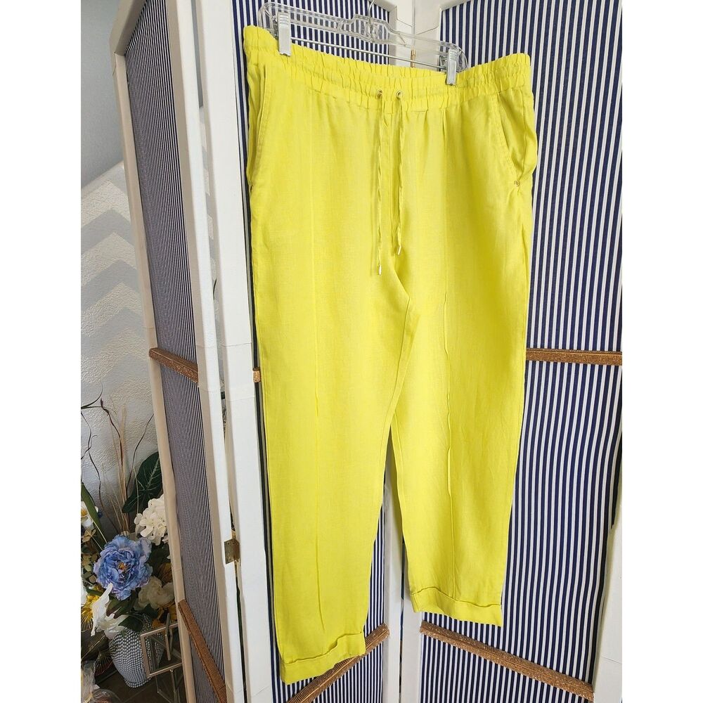 Ellen Tracy 100% Linen Drawstring Pants Neon Chartreuse Yellow XL